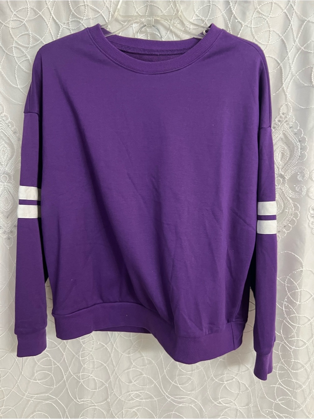Women's Purple Crewneck Sweatshirt with White Sleeve Stripes with matching Skort